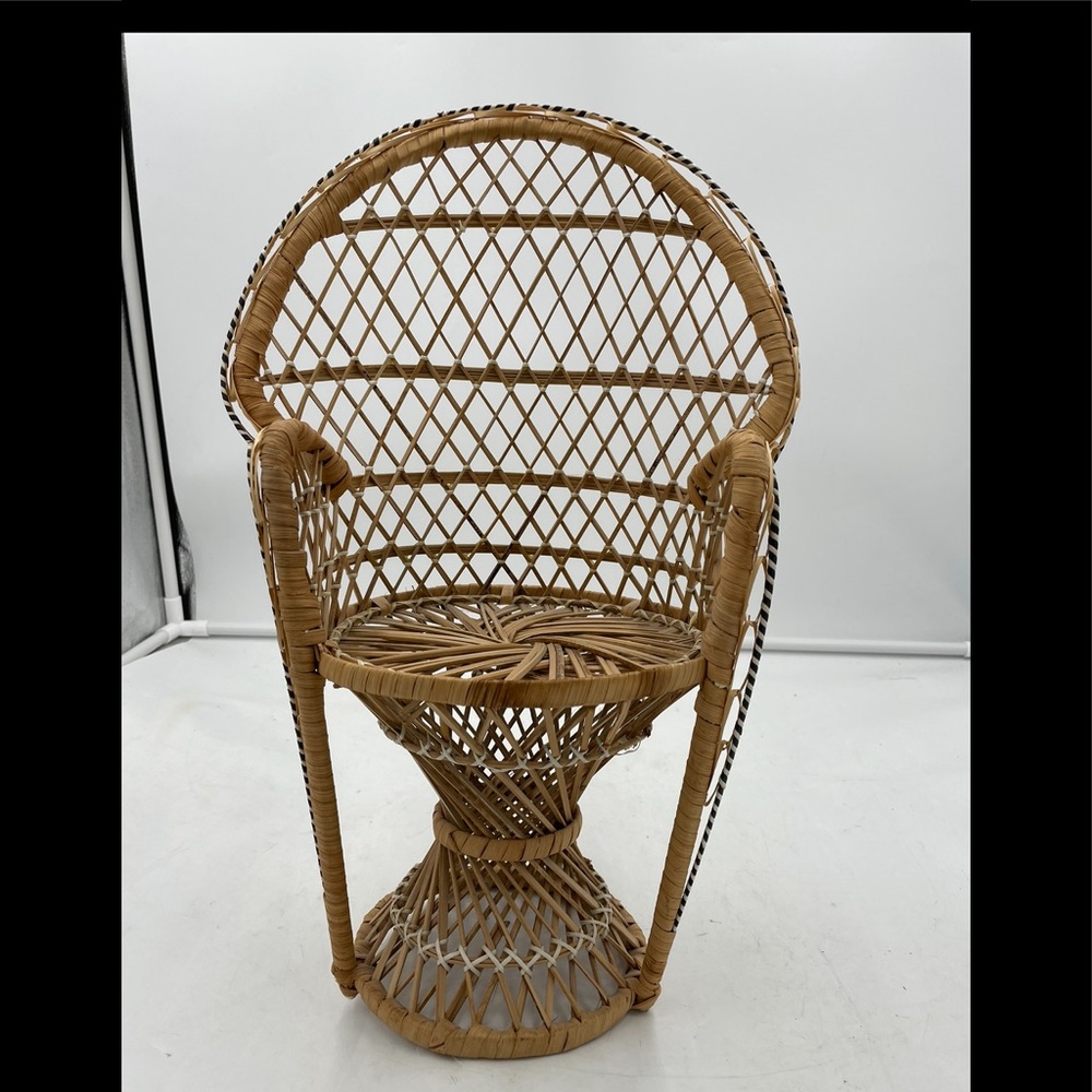 Mini Peacock Wicker Fan Back Rattan Chair 16” Doll Plant Stand Boho Hippie Deco